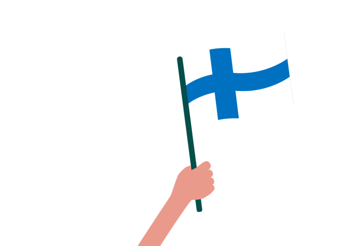 Piirroskuvassa käsi pitelee Suomen lippua.
