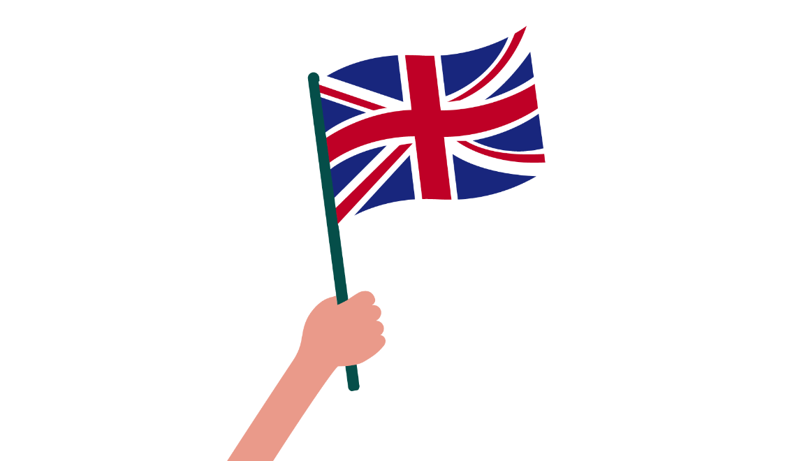 Piirroskuvassa käsi pitelee Ison-Britannian lippua.