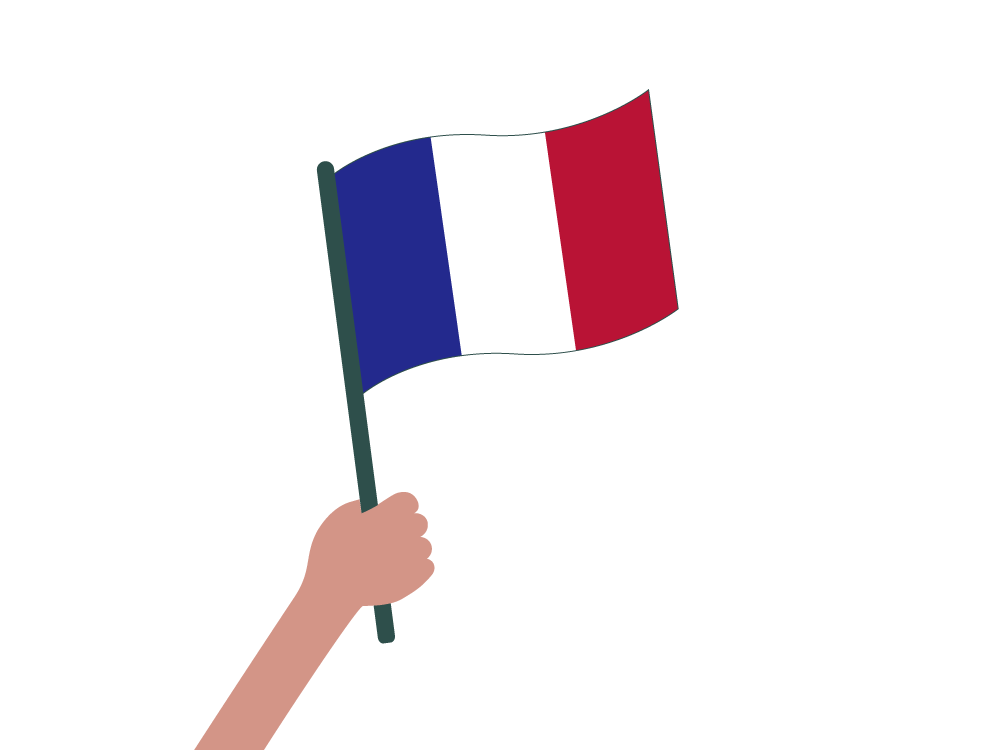 Piirroskuvassa käsi pitelee Ranskan lippua.