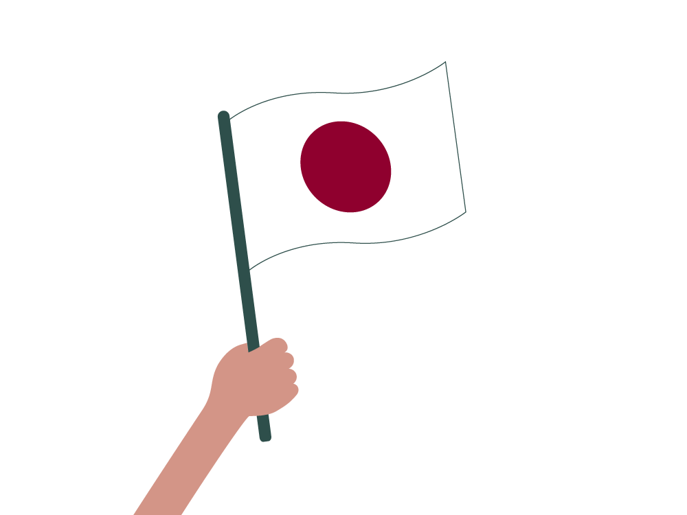 Piirroskuvassa käsi pitelee Japanin lippua.