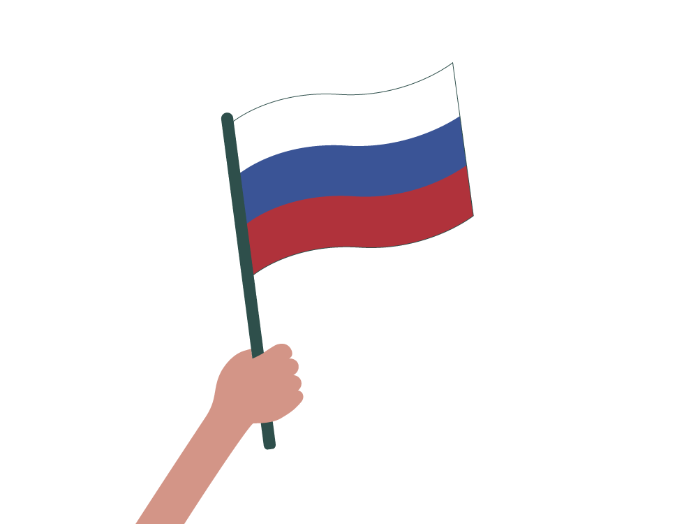 Piirroskuvassa käsi pitelee Venäjän lippua.