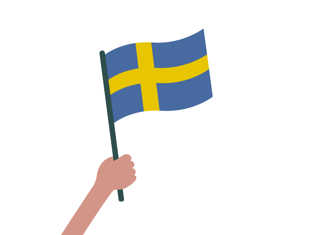 Piirroskuvassa käsi pitelee Ruotsin lippua.