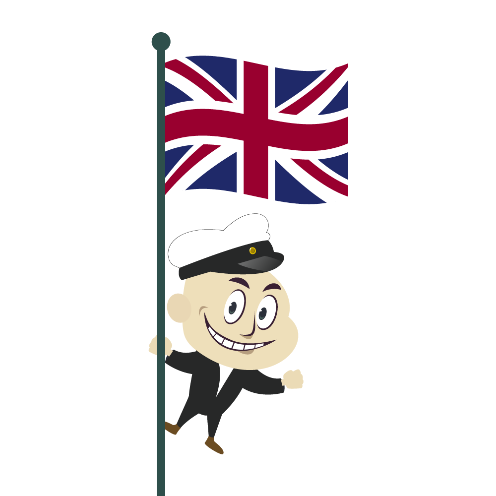 Virnistävä piirroshahmo ylioppilaslakki päässä pitelee Ison-Britannian lippua.