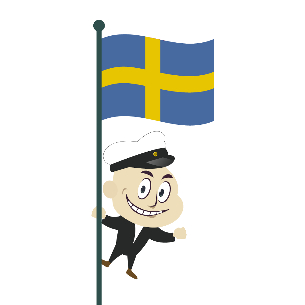 Virnistävä piirroshahmo ylioppilaslakki päässä pitelee Ruotsin lippua.