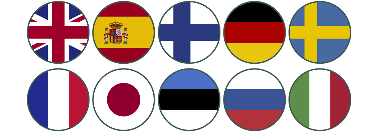 WordDiven kielivalikoimassa on 10 kieltä: englanti, espanja, suomi, saksa, ruotsi, ranska, japani, viro, italia, venäjä.