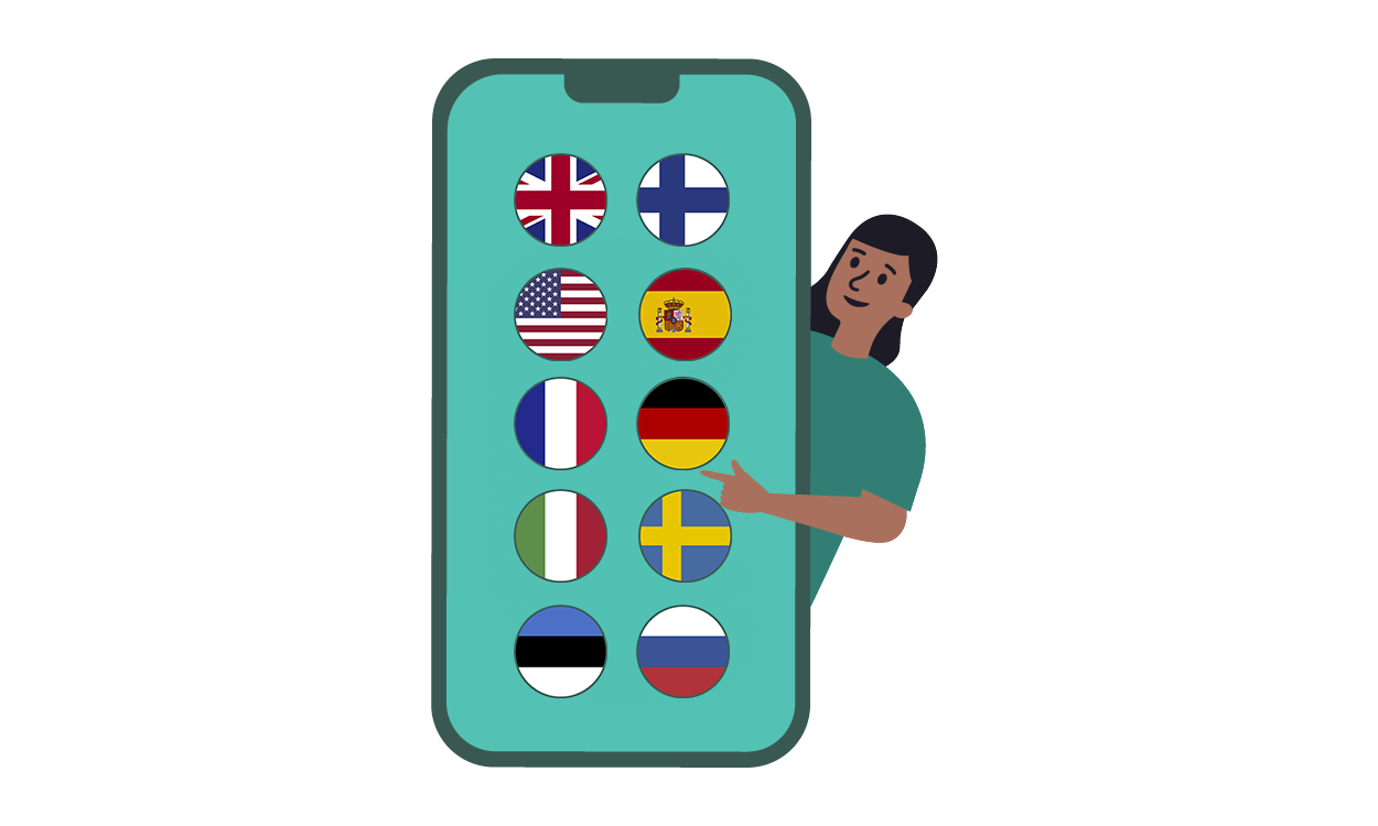 Älypuhelimen näytöllä on WordDiven kielivalikoiman 10 kieltä.