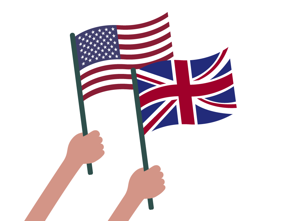 Kaksi kättä joista toisessa on Yhdysvaltojen lippu ja toisessa Ison-Britannian lippu.