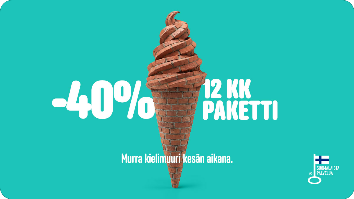 Jäätelö, joka on vuorattu tiilimuuriin ja tekstinä -40 % 12kk paketti