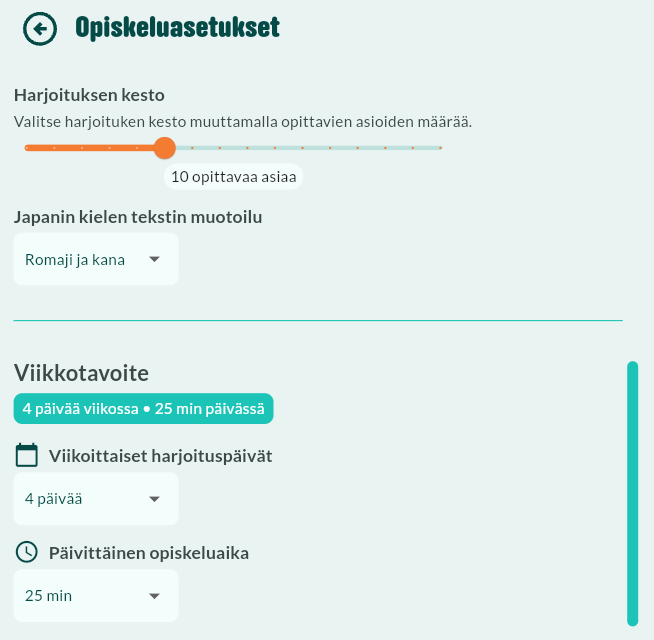 Vaihda japanin vihjetyyli sovelluksen opiskeluasetuksista.