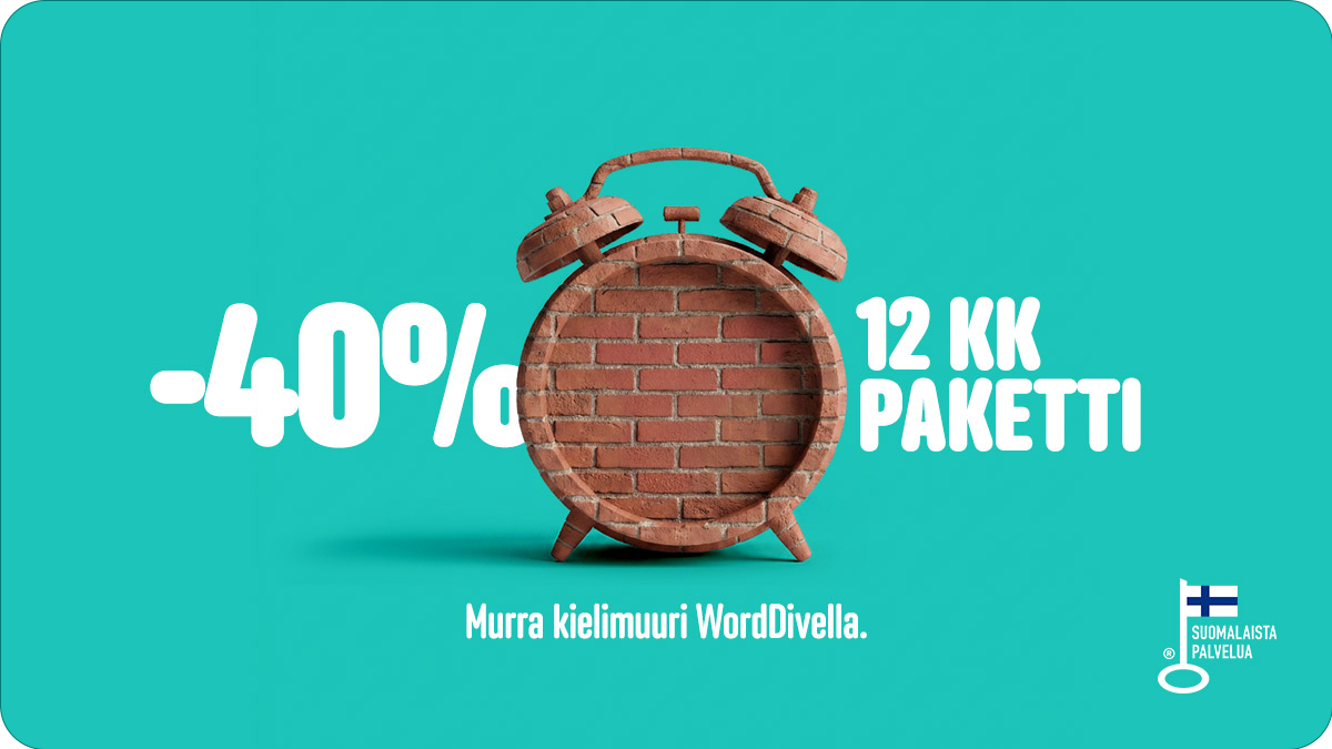 Herätyskello, joka on verhoiltu tiileihin. Kuvassa on myös alennus: -40 % 12 kk paketti.