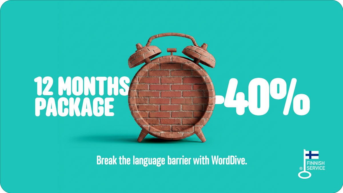 An alarm clock that is covered in brick tiles. There is also an offer: 12 months package -40 %