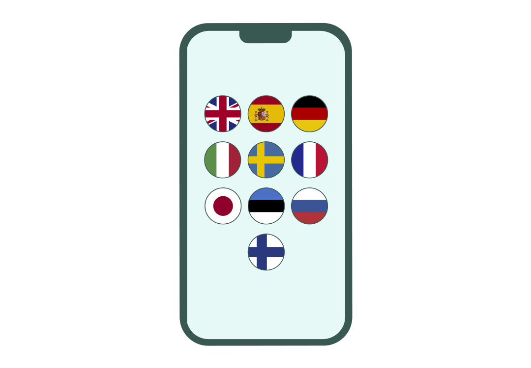 Älypuhelimen näytöllä on WordDiven kielivalikoiman 10 kieltä.